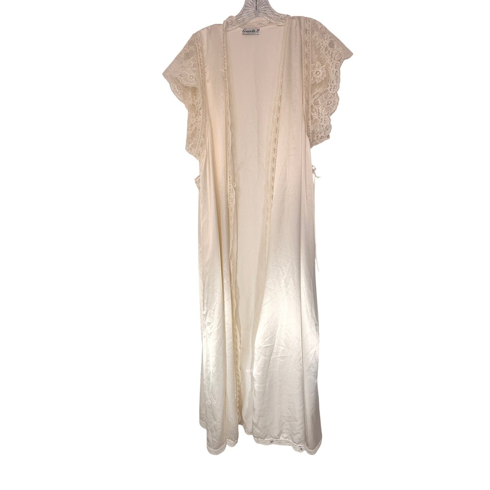 VTG Amaretta Satin Robe Cream Lace Trim Lounge Loungewear Short Sleeve Small